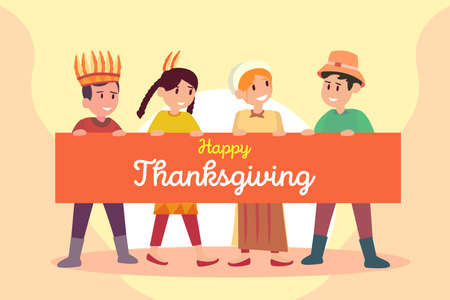 Thanksgiving vector concept: Group of kids holding banner with happy thanksgiving textのイラスト素材