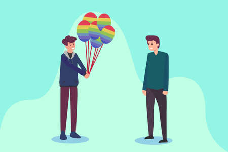 LGBT vector concept: Young man giving rainbow balloons to his boyfriend while smiling togetherのイラスト素材