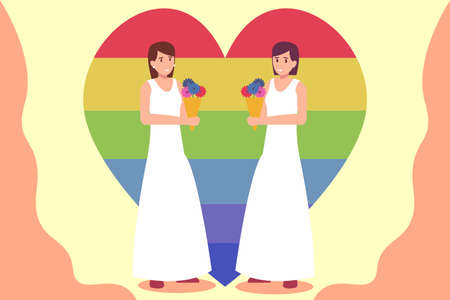 LGBT vector concept: Lesbian couple celebrating their wedding ceremony while wearing wedding dressのイラスト素材