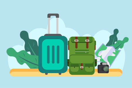 Travel concept: Travel bag, backpack, and camera on blue background