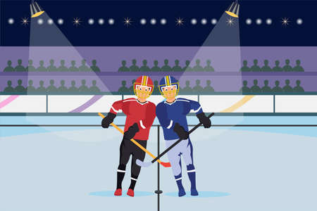 Hockey vector concept: Ice hockey players competing to take the puck with stick in the stadiumのイラスト素材