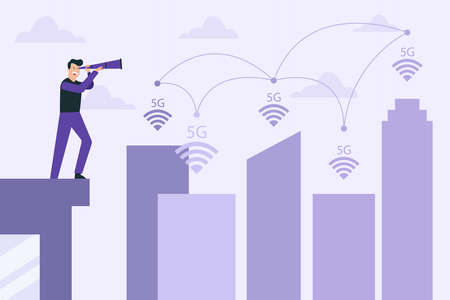 5G network vector concept: Man looking at 5G network connection with a telescope in the city