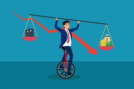 Business balance vector concept: Businessman balancing on one wheel bicycle while holding equilibrium between oil and money with declining chart backgroundのイラスト素材