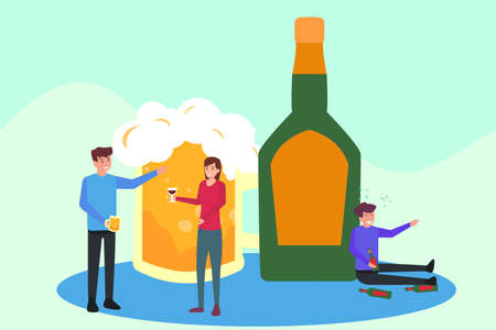 Alcoholics vector concept: Group of young people enjoying beer with drunk person and beer glassのイラスト素材