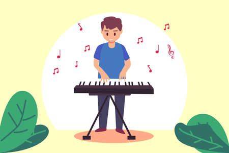 Kids musical vector concept: Young man playing keyboard while standing on the stageのイラスト素材