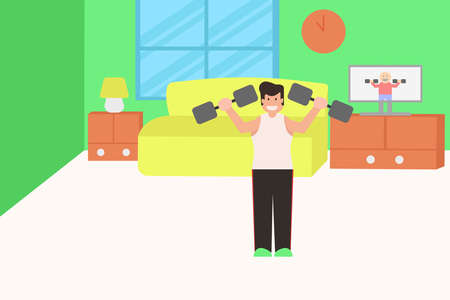 Exercising at home vector concept: Man doing workout with dumbbell while watching instructor video on the tv at homeのイラスト素材