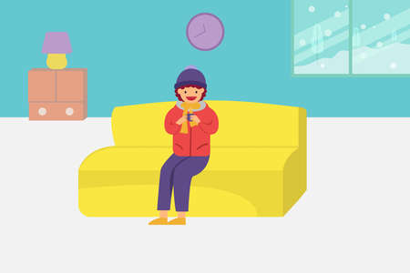 Winter vector concept: Woman sitting on the sofa while holding a cup of hot drink at winter timeのイラスト素材
