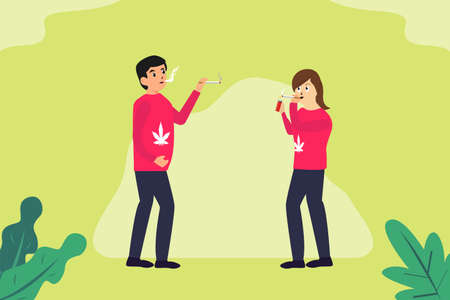 Addiction of cannabis vector concept: Male and female teenagers addicted of cannabis while smoking cannabis togetherのイラスト素材