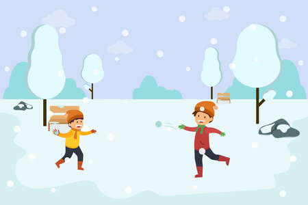 Winter vector concept: Two cute boys playing snowball fight while standing in the snowy parkのイラスト素材