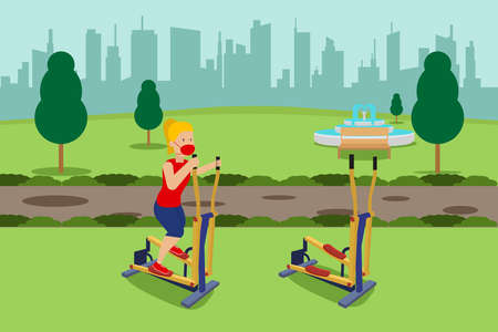 Fitness vector concept: Young woman doing exercise in the park while wearing protective maskのイラスト素材