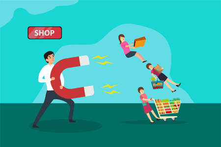 Marketing vector concept: Young man pulling customers with big magnet in the shopのイラスト素材