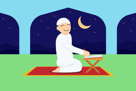 Muslim person vector concept: Side view of muslim man reading Koran while sitting in the mosque at nightのイラスト素材