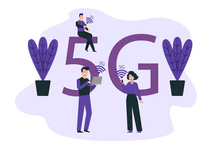 5G network vector concept: People using cellphone and laptop computer with 5G network connectionのイラスト素材