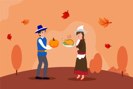 Thanksgiving vector concept: Young woman and man carrying pumpkin and roasted turkeyのイラスト素材