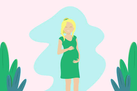 Pregnancy vector concept: Young woman pregnant feeling happy and hugging her tummyのイラスト素材