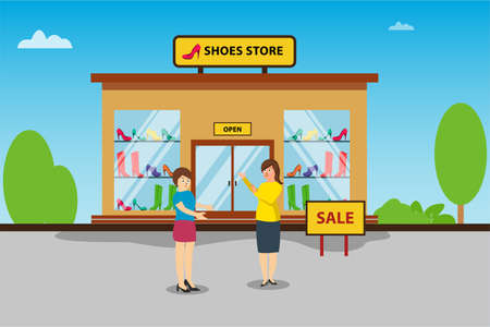 Shoes store vector concept: clerk talking to her customer outside the shoes storeのイラスト素材
