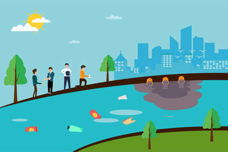 River conservation vector concept: group of businessmen observing the contaminated river streamのイラスト素材