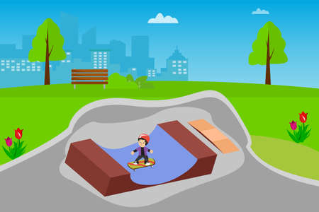 Hipster vector concept: boy skating on the ramp at the skate parkのイラスト素材