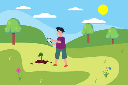 Nature study vector concept: boy looking closely at the tree seed through magnifying glass in the middle of the green hillsのイラスト素材