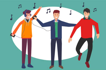 Hipster boy vector concept: group of boys dancing together happily while listening music through their headsetsのイラスト素材