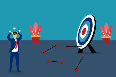 Business goal vector concept: businessman angered by his missed dart arrowsのイラスト素材