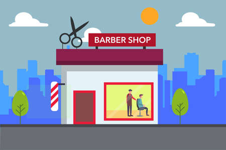 Barber shop front vector concept, over the cityscape backgroundのイラスト素材