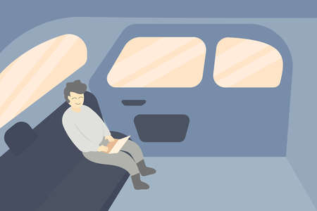 Rich lifestyle vector concept: businessman typing on his laptop happily while sitting on the passenger seatのイラスト素材