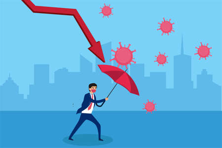 Recession vector concept: businessman wearing a face mask while restraining the business arrow chart with an umbrellaのイラスト素材