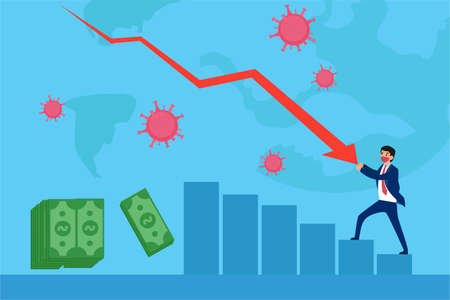Recession vector concept: businessman wearing a face mask while restraining the business arrow chart over blue world map backgroundのイラスト素材