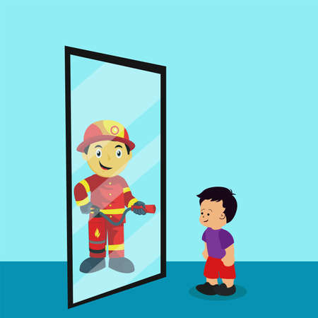 Child's dream vector concept: boy looking at the mirror, projecting reflection of a firefighterのイラスト素材