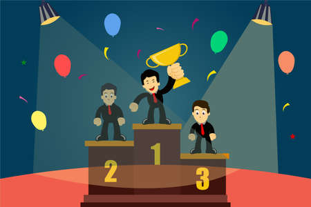 Business championship vector concept: three businessman standing on raining confettis podium while the man in the middle holding his golden trophy happilyのイラスト素材
