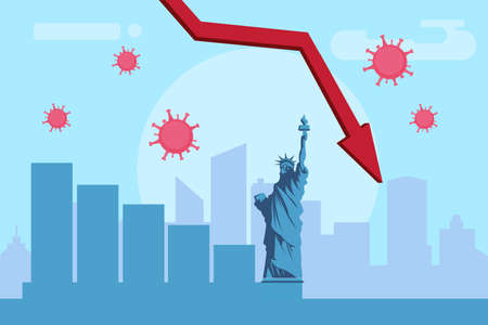 United States recession vector concept: declining business arrow chart over Liberty statue and New York Cityのイラスト素材