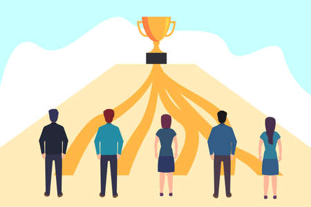 Business competition vector concept: business group standing at the pathway to the big trophyのイラスト素材