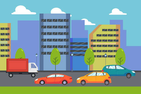 City traffic vector concept: cars and truck on the roadのイラスト素材