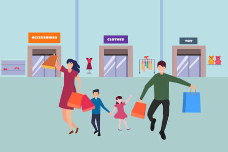 Family shopping vector concept: group of family dancing happily while shopping at the retail storeのイラスト素材