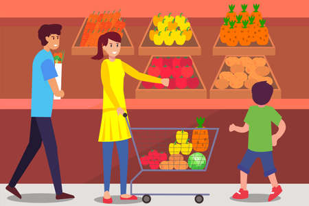 Groceries shopping vector concept: group of family shopping groceries at the market happilyのイラスト素材