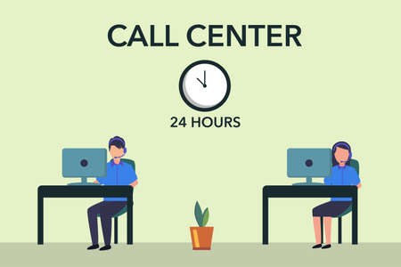 24 Hours Call Center vector concept: couple of operators taking calls through the desktopのイラスト素材