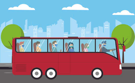 New Normal vector concept: crowd of people wearing face masks while riding public transportationのイラスト素材