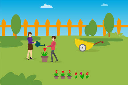 Gardening vector concept: couple watering a pot of rose on their lawnのイラスト素材