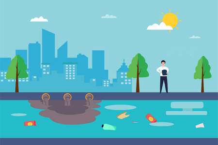 River conservation vector concept: businessman observing the contaminated river streamのイラスト素材