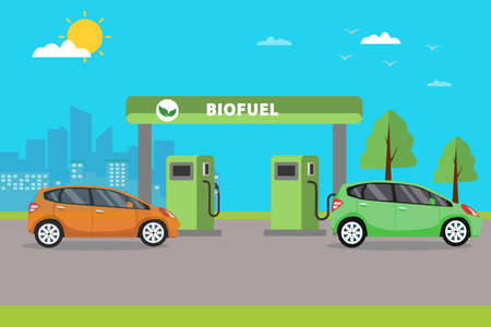 Biofuel vector concept: electric cars charging their batteries on a biofuel stationのイラスト素材
