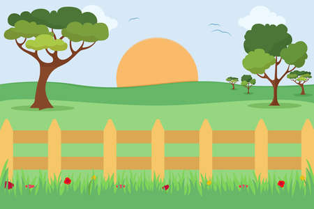 Environment vector concept, with green hills over the sunsetのイラスト素材