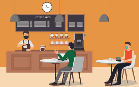 New Normal vector concept: coffee shop interior with barista and customers wearing face masksのイラスト素材