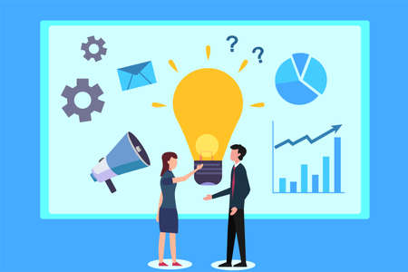 Business idea: business couple discussing over lightbulb and other business iconsのイラスト素材