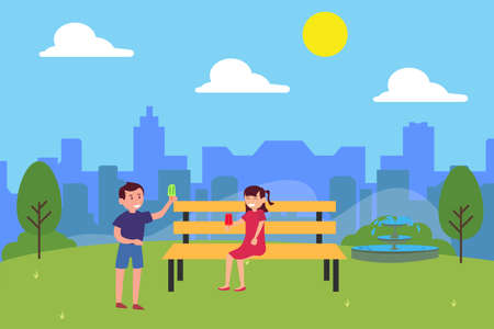 Childhood vector concept: couple of children eating ice cream-happily at the city parkのイラスト素材