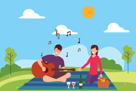 Picnic date vector concept: couple playing guitar and singing together while having a picnic at the green hillsのイラスト素材