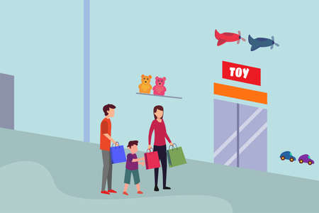 Family shopping vector concept: group of family waiting for an elevator after shoppingのイラスト素材