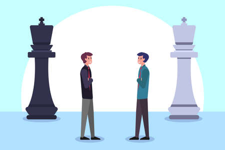 Business competition vector concept: two businessmen with their own big king piece facing against each otherのイラスト素材