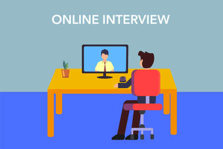 Online interview vector concept: businessman interviewing another man for job interview via conference callのイラスト素材