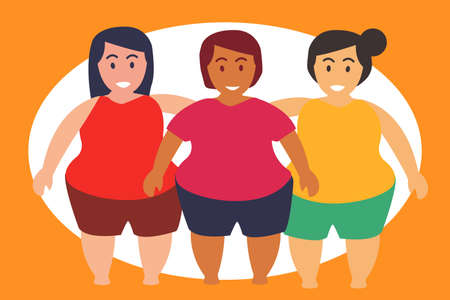 Friendship vector concept: group of fat diverse women posing by hugging each other happilyのイラスト素材